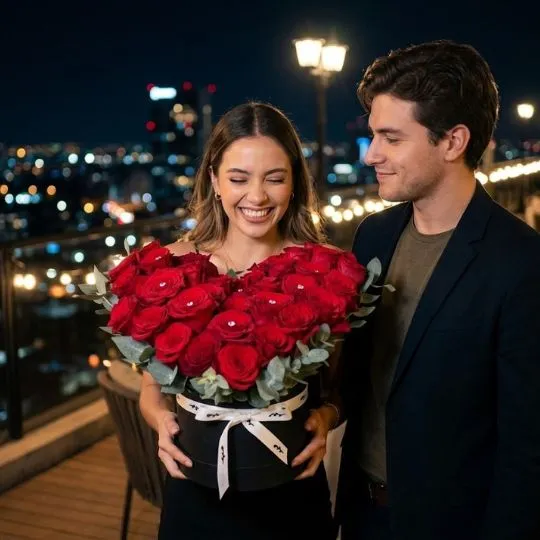 Caja pote black con rosas rojas corazon